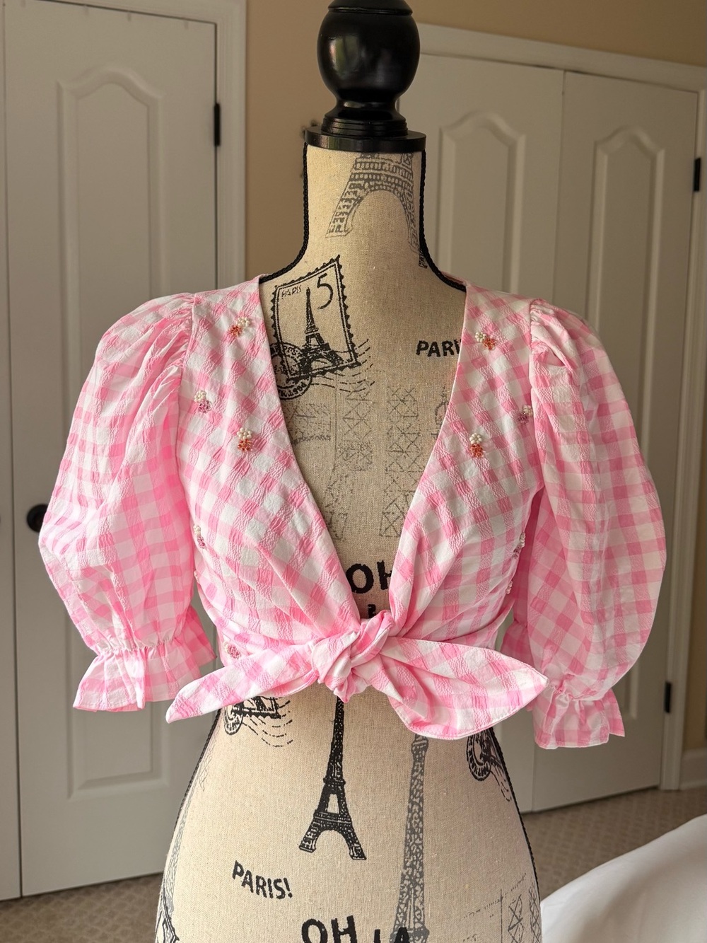Zara Pink Gingham Tie-Front Cropped Top Puff Sleeve Beaded Floral Embroidered